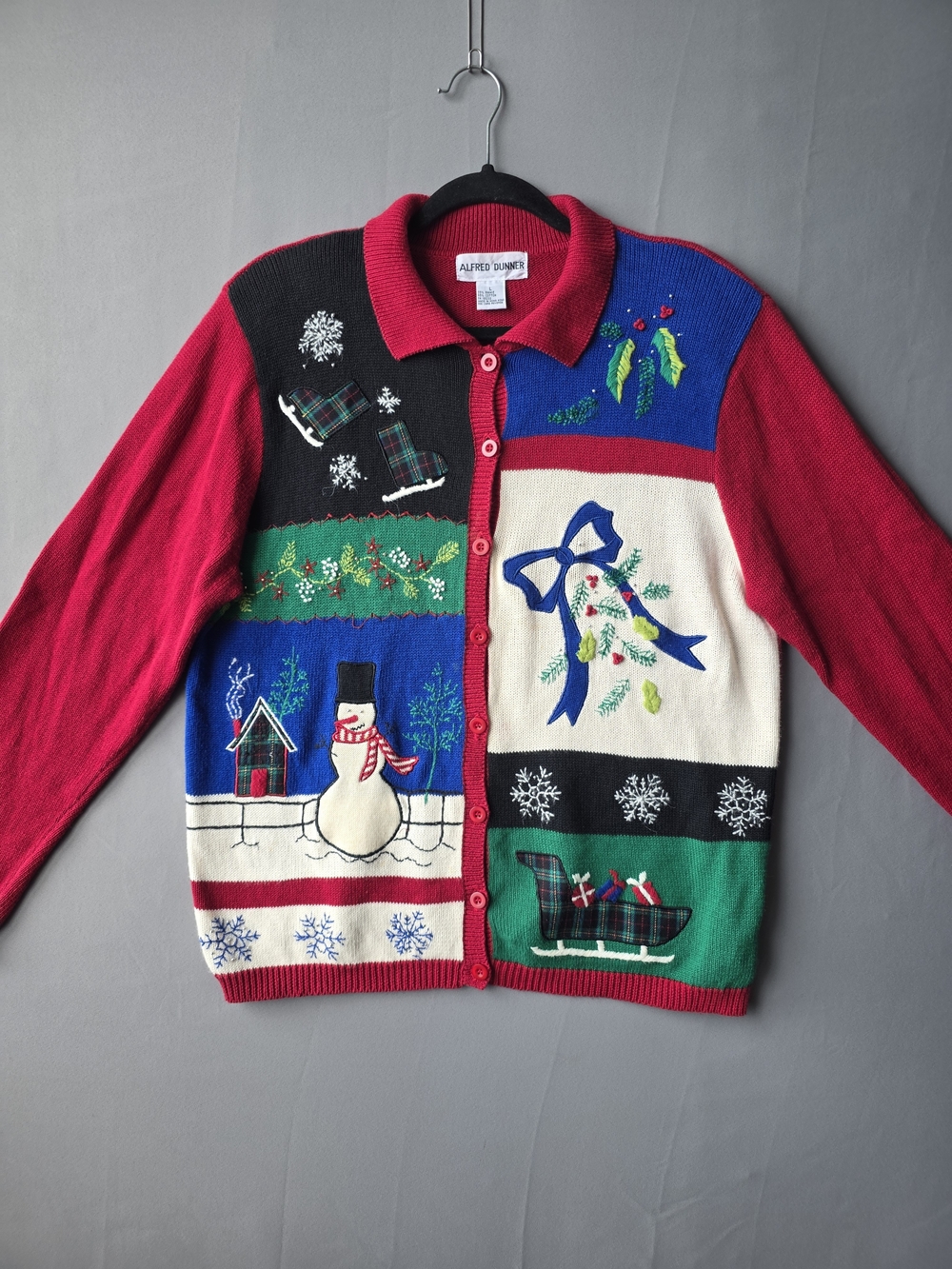 Vintage Alfred Dunner Christmas Cardigan Sweater L Snowman Ice Skates Holiday